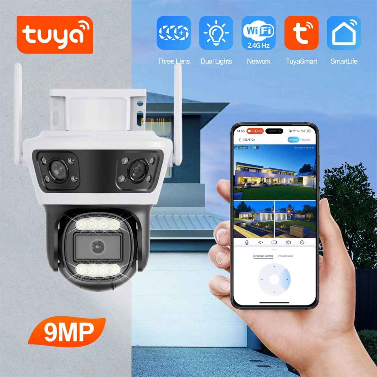 Tuya Smart Outdoor WiFi PTZ Camera 9MP with 3 Lenses
